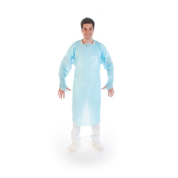 HYGOSTAR Schutzkittel CPE, blau, 0,05 mm, mit Daumenloch, 115 × 100 cm – 100 Stück