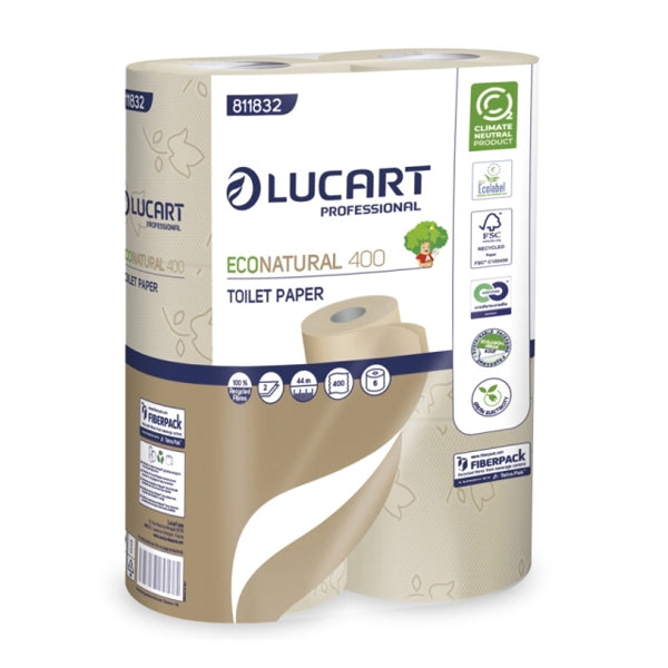 Lucart EcoNatural 400 Toilettenpapier Kleinrollen, Recycling, 2-lagig, havanna, 400 Blatt – 30 Rollen