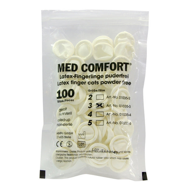 Fingerlinge Med Comfort, Latex, weiss, puderfrei, Grösse 3/M – 100 Stück