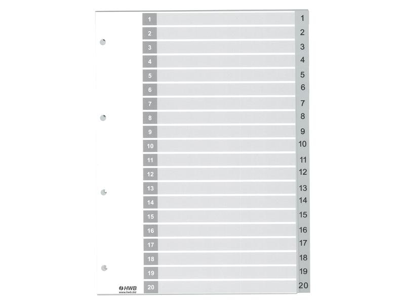 Register HWB A4, Kunststoff, 1–20, grau