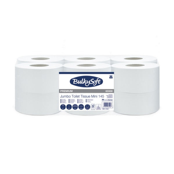 Bulkysoft Premium Toilettenpapier Mini Jumbo, 2-lagig, weiss, 9 cm × 145 lfm – 12 Rollen