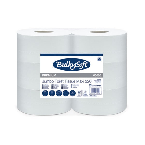 Bulkysoft Premium Toilettenpapier Maxi Jumbo, 2-lagig, weiss, 9 × 35 cm, 320 lfm – 6 Rollen