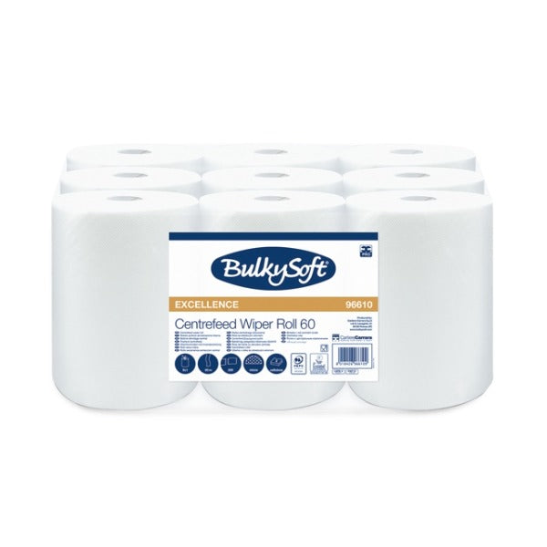 Bulkysoft Premium Papierwischtücher Mini, 2-lagig, weiss, 22 × 30 cm, 60 lfm – 9 Rollen
