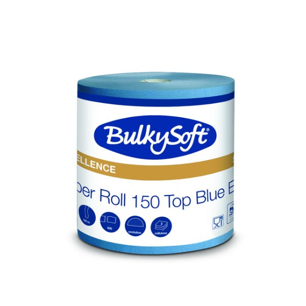 Bulkysoft Excellence Papierwischtücher Maxi, 3-lagig, blau, 26 × 30 cm, 150 lfm – 2 Rollen