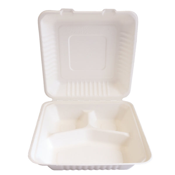 Menubox aus Bagasse, 3-teilig, weiss 23x23x8,5cm – 250 Stück