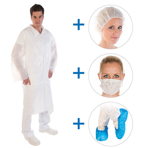 HYGOSTAR Besucherset (Kittel, Haube, Maske, Überschuhe) – 100 Stück