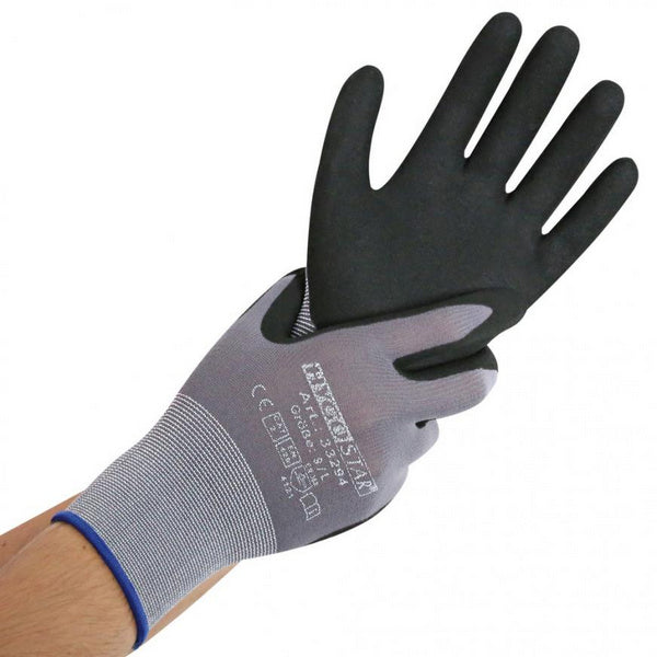 Arbeitshandschuhe Hygostar ERGO FLEX, Nylon, grau/schwarz, Nitril-PU-beschichtet, Grösse M – 12 Paar