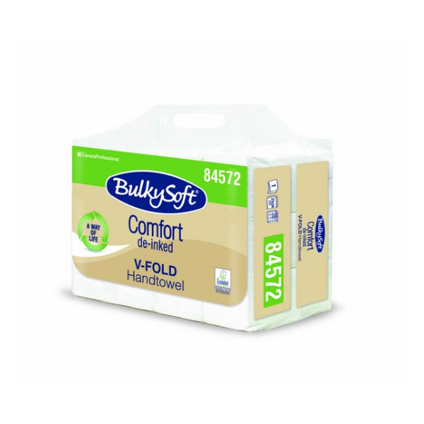 Bulkysoft Comfort Handtuch, V-Falzung, Recycling, 1-lagig, weiss, 24 × 21 cm – 3600 Blatt (12 x 300)