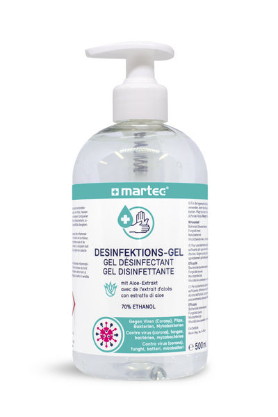 Handdesinfektionsgel Martec mit Aloe-Extrakt, 70 % Ethanol, 500 ml – 12 Flaschen