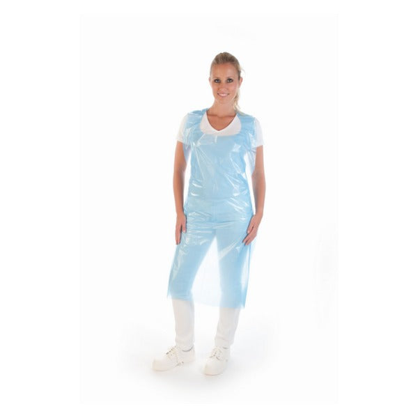 HYGOSTAR Latzschürze LD-PE, blau, wasserabweisend, 0,033 mm, 140 × 75 cm – 500 Stück