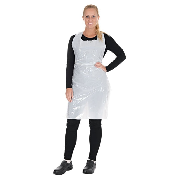 HYGOSTAR Latzschürze LD-PE, weiss, 0,025 mm, 125 × 70 cm – 100 Stück