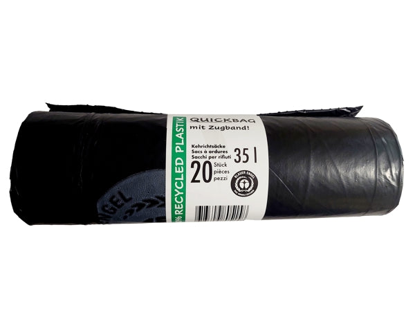 Kehrichtsäcke ECO mit Zugband ohne Abreissperforation, 35 l, LD-PE Recycling, schwarz, Rolle à 20 Säcke