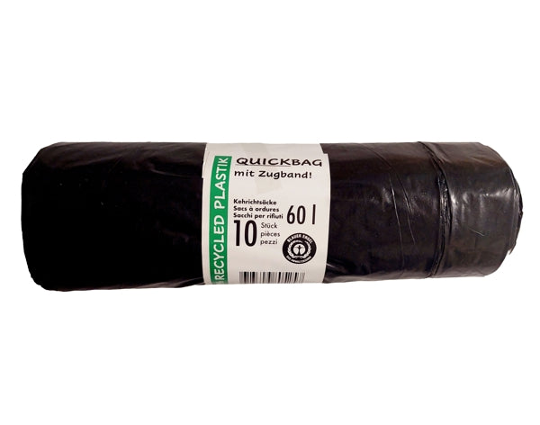 Kehrichtsäcke ECO mit Zugband ohne Abreissperforation, 60 l, LD-PE Recycling, schwarz, Rolle à 10 Säcke
