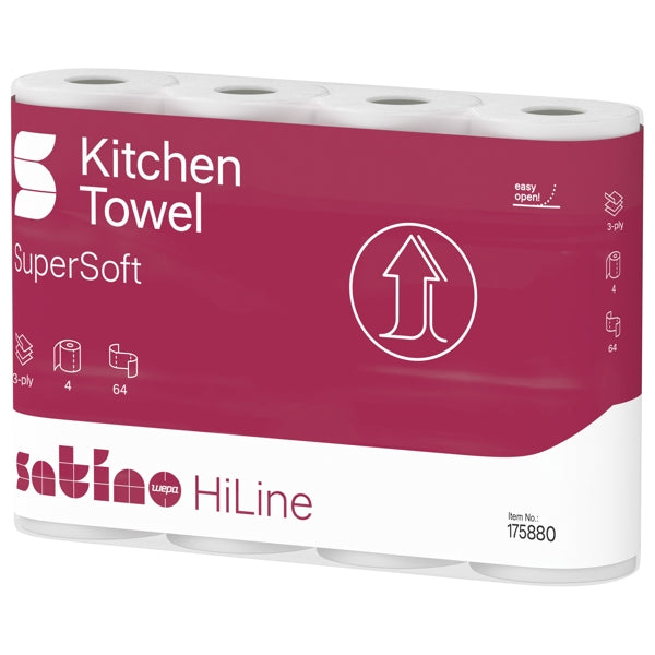 Satino HiLine Küchenrollen, Zellstoff, 3-lagig, 64 Blatt – 32 Rollen