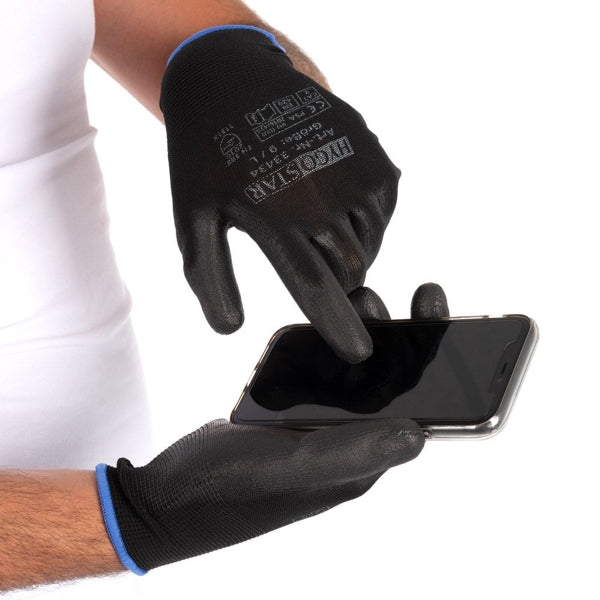 Feinstrickhandschuh Hygostar Black Ace Touch, Nylon, Carbon-Fingerkuppen, touchscreenfähig, Grösse 9/L – 12 Paar