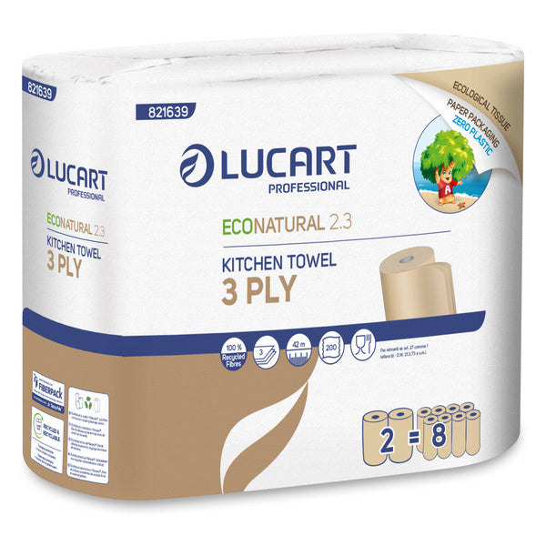 Lucart EcoNatural 2.3 Küchenrollen in Papierverpackung – Zero Plastic, Recycling, 3-lagig, havanna, 200 Blatt – 24 Rollen