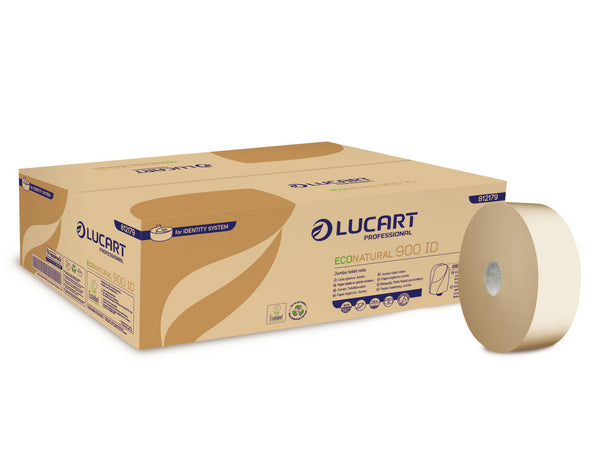 Lucart EcoNatural 900 ID Toilettenpapier Mini Jumbo, Recycling, 2-lagig, havanna, 900 Blatt – 12 Rollen