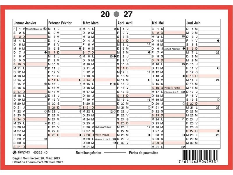 Tafelkalender SIMPLEX 2027, A6 quer, 6 Monate pro Seite, DE/FR