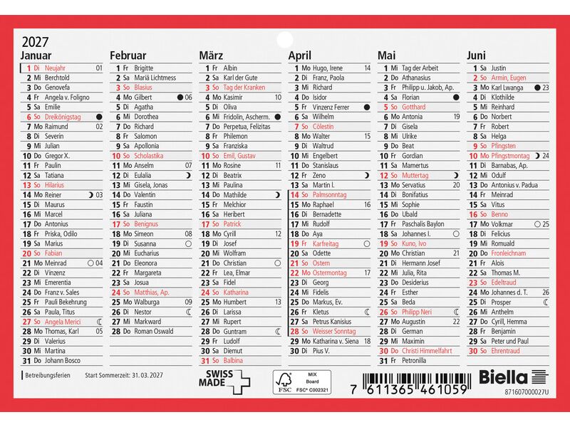 Tafelkalender BIELLA 2027, 16,5 × 11,5 cm, 6 Monate pro Seite, rot/weiss