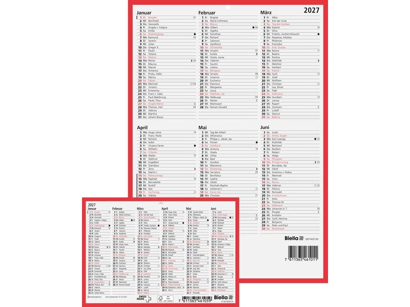 Tafelkalender BIELLA 2027, 16,5 × 11,5 cm, 6 Monate pro Seite, rot/weiss