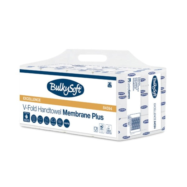 Bulkysoft Membrane Plus Handtuch, V-Falzung, 3-lagig, weiss, 20,5 × 21 cm – 2160 Blatt (12 x 180)