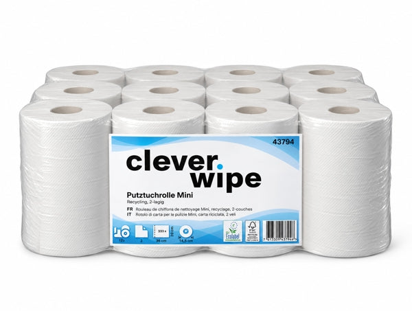 Papierwischtücher Mini Clever Wipe, Recycling, 2-lagig, weiss, 20 × 36 cm, 333 Blatt = 120 m