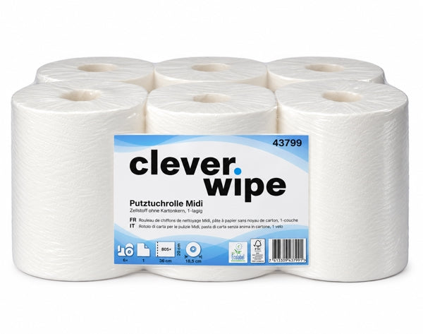 Papierwischtücher Midi Clever Wipe, Zellstoff, 1-lagig, weiss, 20 × 36 cm, 805 Blatt = 290 m, ohne Kartonkern
