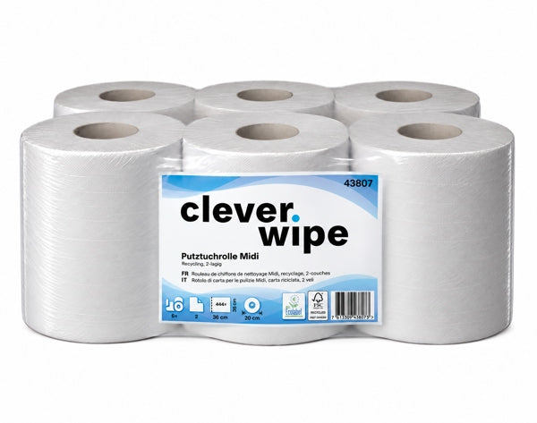 Papierwischtücher Midi Clever Wipe, Recycling, 2-lagig, weiss, 20 × 36 cm, 444 Blatt = 160 m