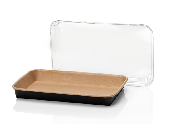 Sushi Platte Karton, braun / schwarz 221 × 138 × 24 mm, mit Deckel PET – 200 Stück (8 x 25)
