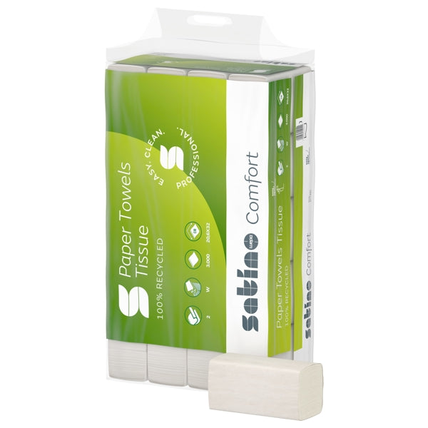 Satino Comfort Handtuch – PT2 System, W-Falz, Recycling, 2-lagig, 20,6 × 32 cm – 3000 Stück