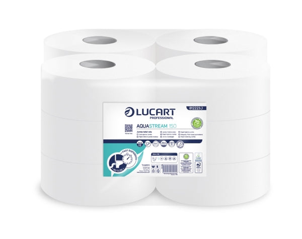 Lucart Aquastream 150 Toilettenpapier Mini Jumbo, Zellstoff, 2-lagig, 600 Blatt – 12 Rollen