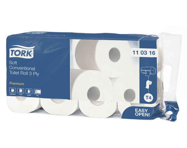 Toilettenpapier Tork Premium Kleinrollen – T4 System, Zellstoff, 3-lagig, hochweiss, 250 Blatt