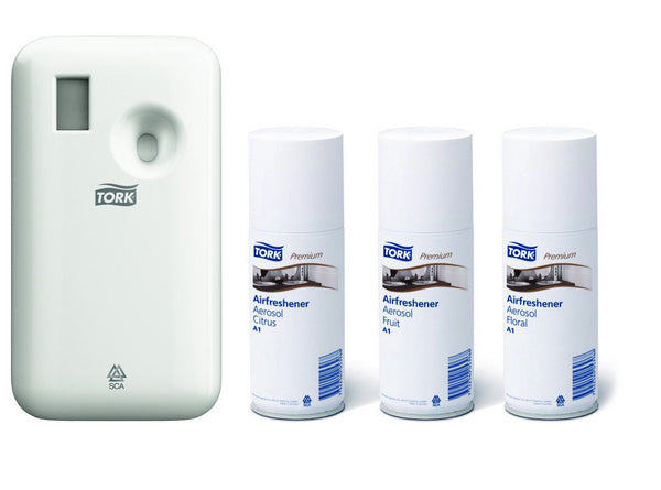 Lufterfrischer-Set Tork Elevation Starter Pack – A1 System, Kunststoff, weiss, H 174 × B 97 × T 60 mm, mit 3 Duftpatronen