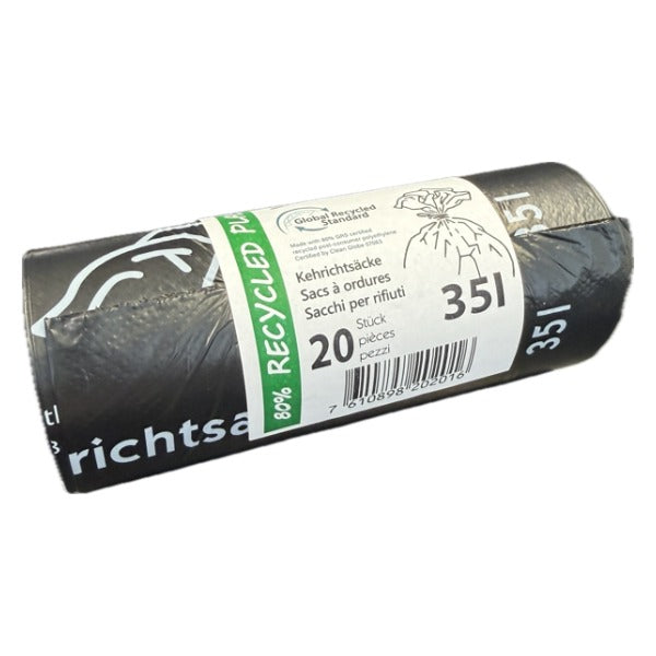 Kehrichtsäcke 35 lt, HD/LLD-PE, 80% Recycling, schwarz, 280/275 × 700 mm – 25 Rollen à 20 Säcke