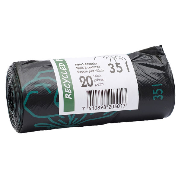 Kehrichtsäcke mit Verschlussband, 35 l, HD/LLD-PE Recycling, schwarz, Rolle à 20 Säcke