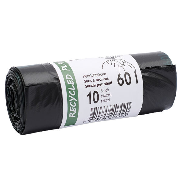 Kehrichtsäcke mit Verschlussband, 60 l, HD/LLD-PE Recycling, schwarz, Rolle à 10 Säcke