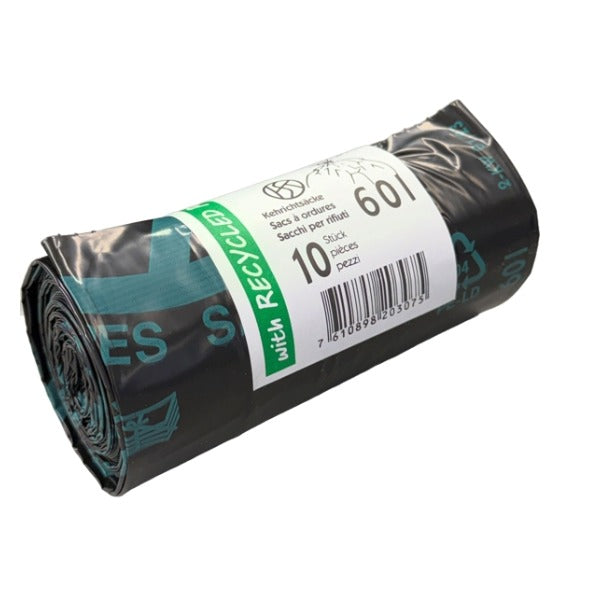 Kehrichtsäcke OKS mit Verschlussband, 60 Liter, schwarz, 280/270 × 970 mm – 22 Rollen à 10 Säcke