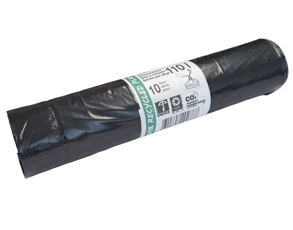 Kehrichtsäcke mit Zugband 110 L, LD-PE Recycling, schwarz, 720 × 1030 mm – 15 Rollen