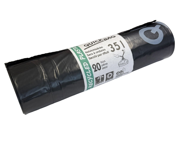 Kehrichtsäcke mit Zugband 35 L, LD-PE Recycling, schwarz, 570 × 600 mm – 25 Rollen