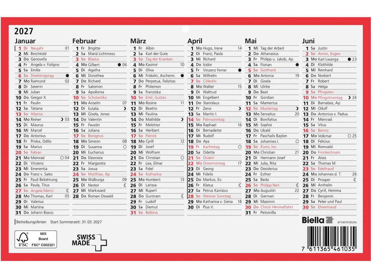BIELLA Wandkalender 2027 871507900027U 6M/1S DE