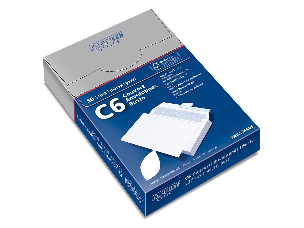 Mettler Couvert C6 ohne Fenster hochweiss 80 g/m² Haftklebe (50 Stück)