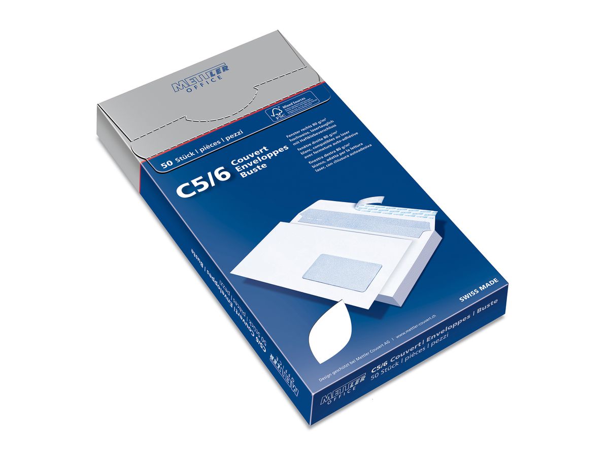 Mettler Couvert C5 Fenster rechts hochweiss 80 g/m² Haftklebe (50 Stück)