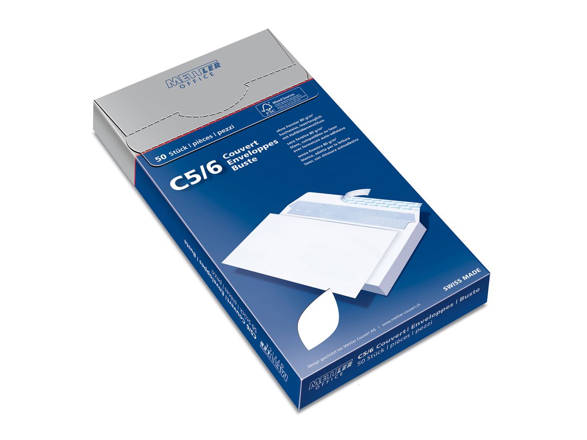 Mettler Couvert C5 ohne Fenster hochweiss 80 g/m² Haftklebe (50 Stück)