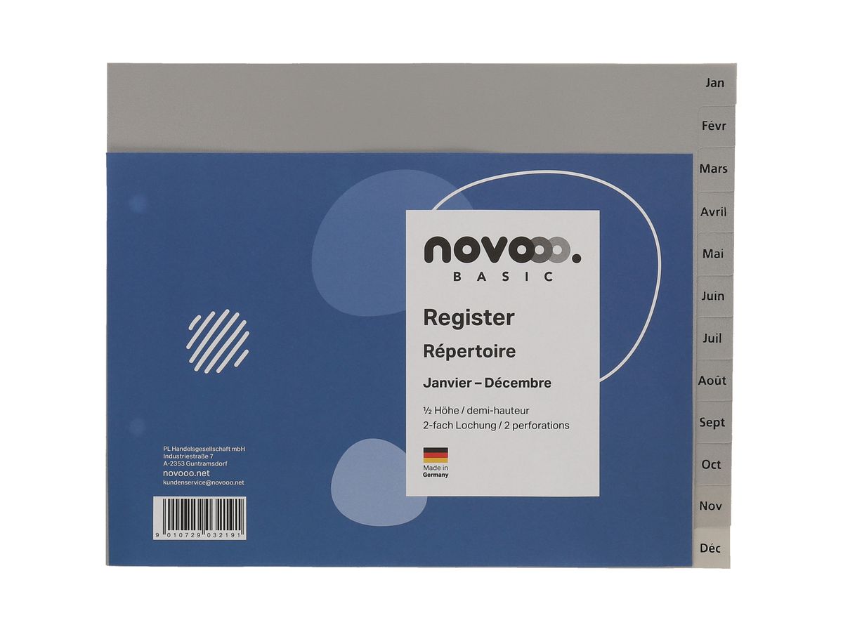 Register Novooo 1/2 Höhe grau, Jan-Déc FR