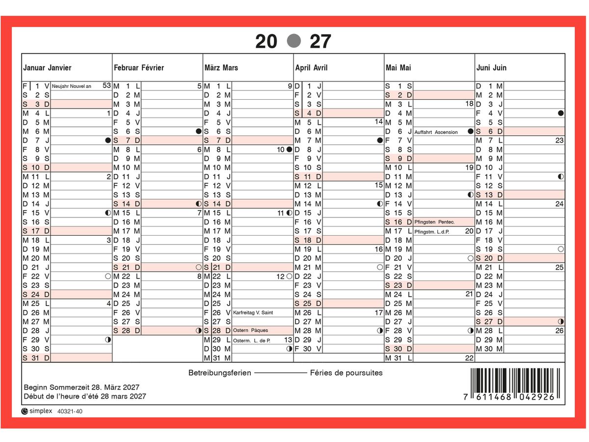 SIMPLEX Wandkalender 2027, 6 Monate/1 Seite, DE/FR