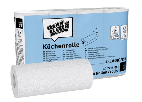 CLEAN and CLEVER Küchenrollen SMA69, Zellstoff, 2-lagig, 64 Blatt, 23 × 22 cm, weiss – 32 Rollen