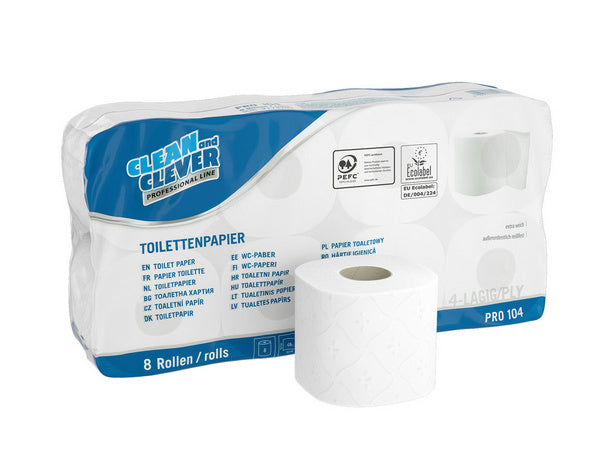 CLEAN and CLEVER Toilettenpapier Kleinrollen PRO 104, Zellstoff, 4-lagig, 150 Blatt, 9,7 × 12,5 cm, hochweiss, Blumenprägu…