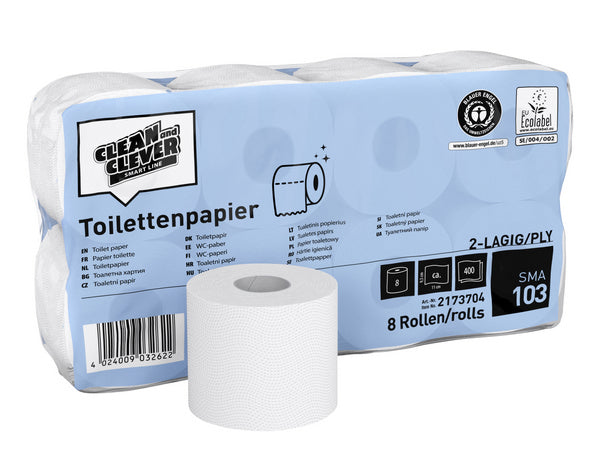 CLEAN and CLEVER Toilettenpapier Kleinrollen SMA 103, Recycling, 2-lagig, 400 Blatt, 9,45 × 11 cm, weiss, Wellenprägung –…