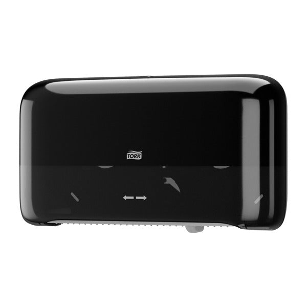 Toilettenpapierspender Tork Elevation Mini Jumbo – T2 System, Kunststoff, schwarz, H 256 × B 432 × T 146 mm, mit Sichtfenster, für 2 Rollen – 1 Stück