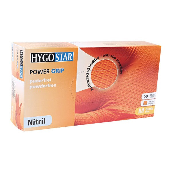 Nitril-Einweghandschuhe Hygostar Power Grip, orange, puderfrei, unsteril, 50 Stück, Grösse S